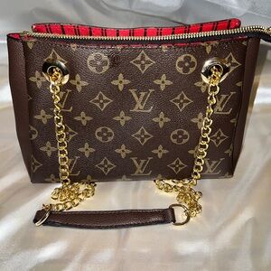 Brown Monogram Canvas Shoulder Bag with Gold Chain and Red Trim